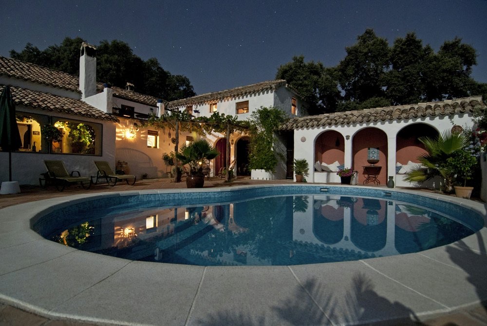 Pool and residential architecture at dusk